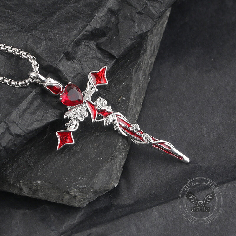 Gothic Thorn Rose Heart Gem Cross Copper Pendant