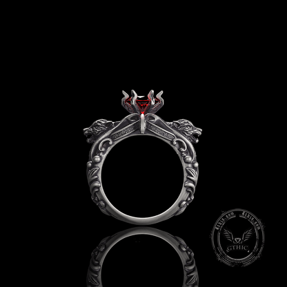 Gothic Tiger Heads Red Gem Sterling Silver Ring