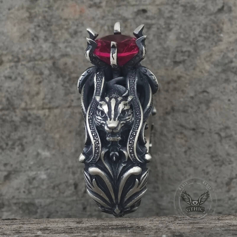 Gothic Tiger Heads Red Gem Sterling Silver Ring