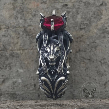 Gothic Tiger Heads Red Gem Sterling Silver Ring