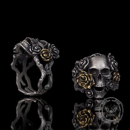 Gothic Vine Rose Skull Gem Sterling Silver Ring