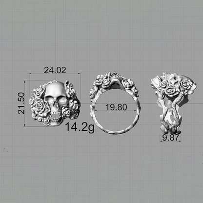 Gothic Vine Rose Skull Gem Sterling Silver Ring