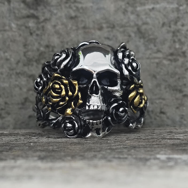 Gothic Vine Rose Skull Gem Sterling Silver Ring