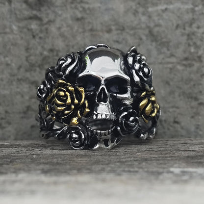 Gothic Vine Rose Skull Gem Sterling Silver Ring