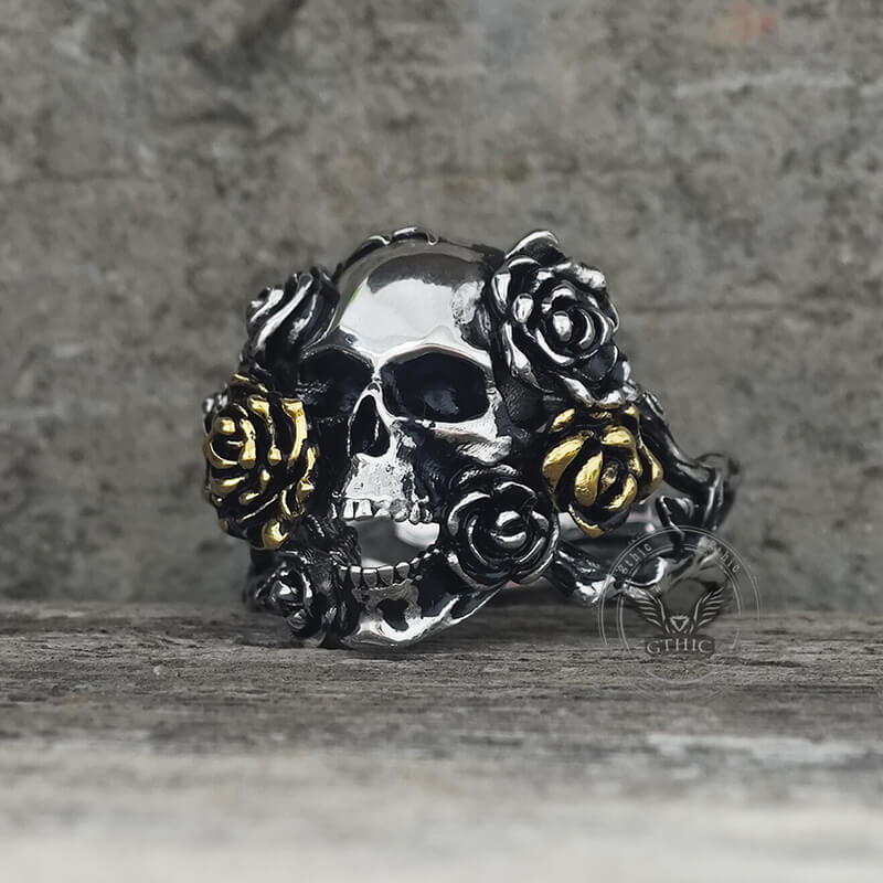 Gothic Vine Rose Skull Gem Sterling Silver Ring