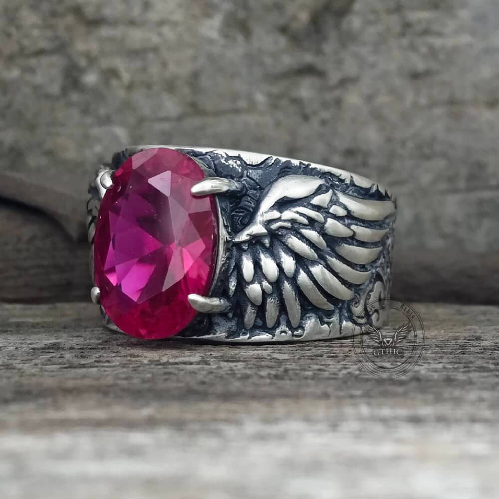 Gothic Winged Gem Vine Pattern Sterling Silver Ring