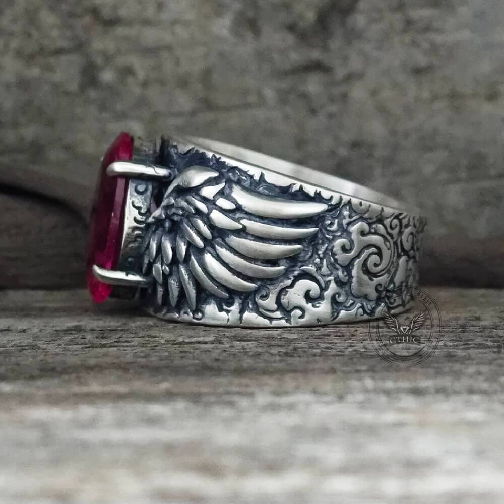 Gothic Winged Gem Vine Pattern Sterling Silver Ring