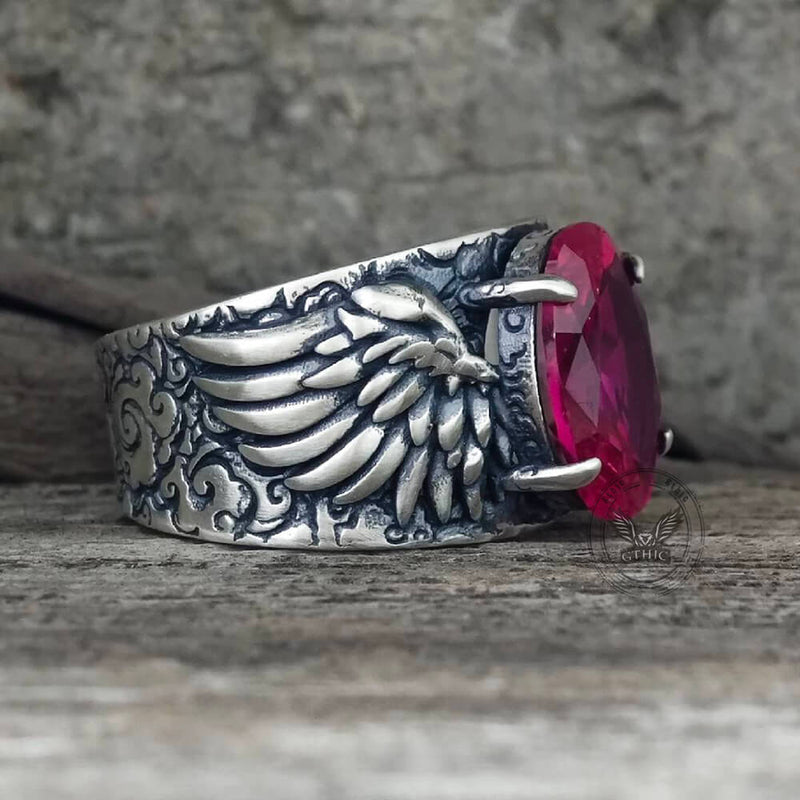 Gothic Winged Gem Vine Pattern Sterling Silver Ring