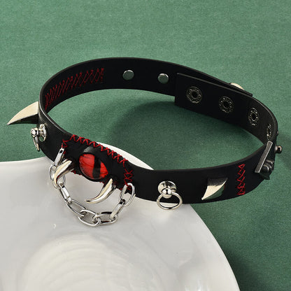 Gothic Y2k Gem Eye Skull Rivet Leather Choker Necklace