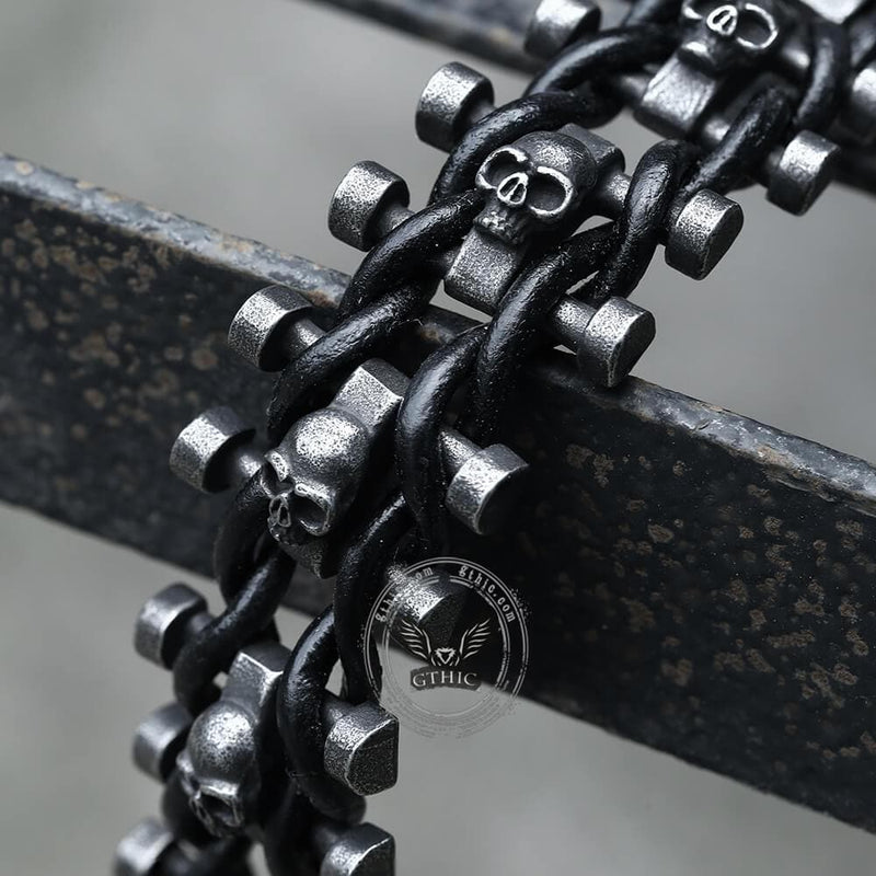 Woven Leather Stainless Steel Skull Bracelet