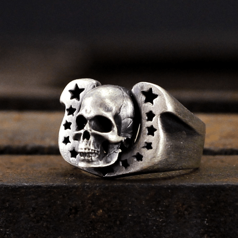 Horseshoe Pentagram Brass Skull Ring
