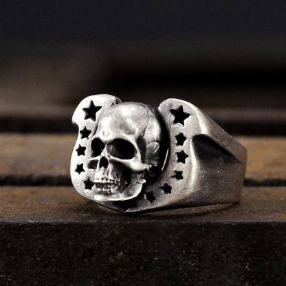 Horseshoe Pentagram Brass Skull Ring