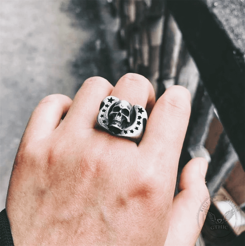 Horseshoe Pentagram Brass Skull Ring