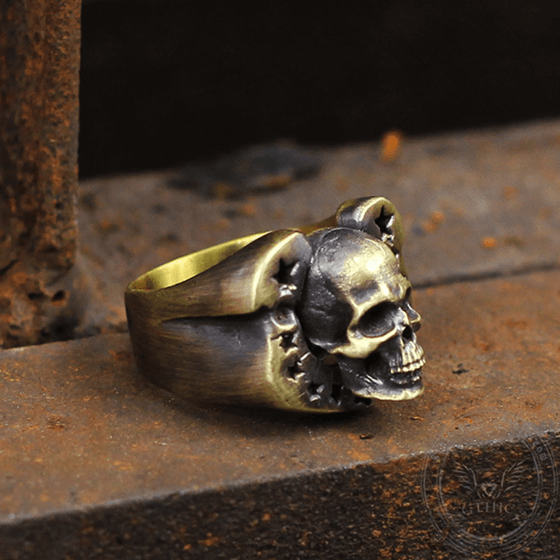 Horseshoe Pentagram Brass Skull Ring