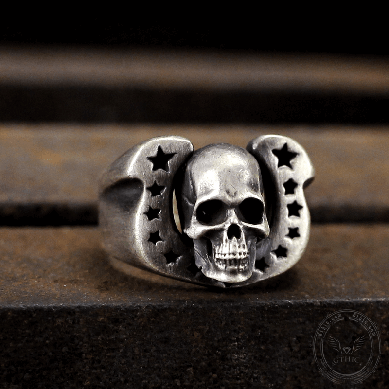 Horseshoe Pentagram Brass Skull Ring
