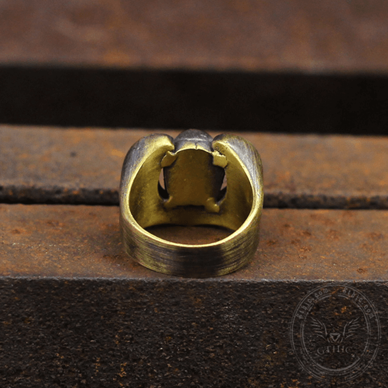 Horseshoe Pentagram Brass Skull Ring