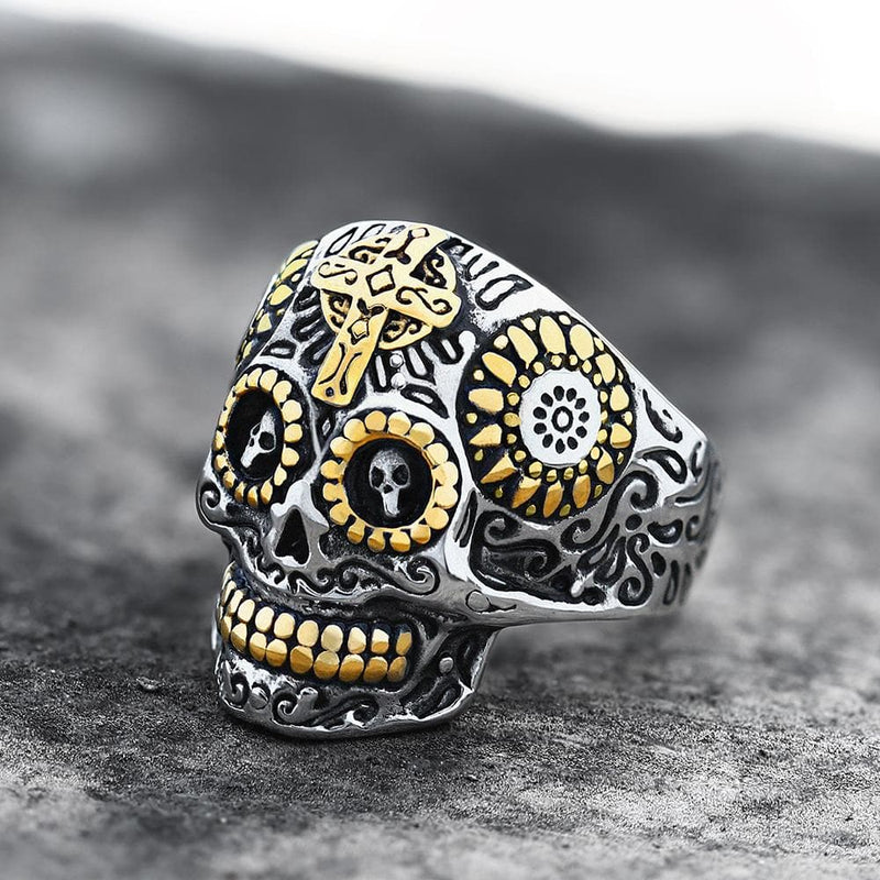 Cross Stainless Steel Sugar Skull Ring