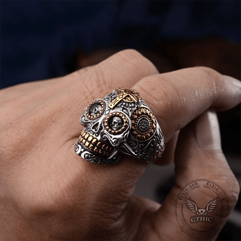 Cross Sugar Skull Ring