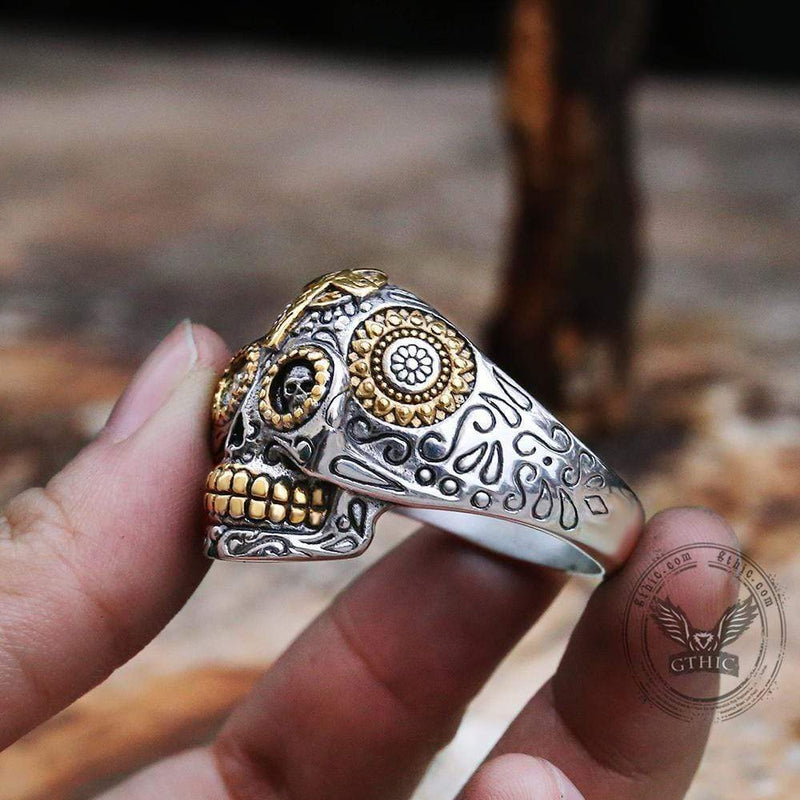 Cross Sugar Skull Ring