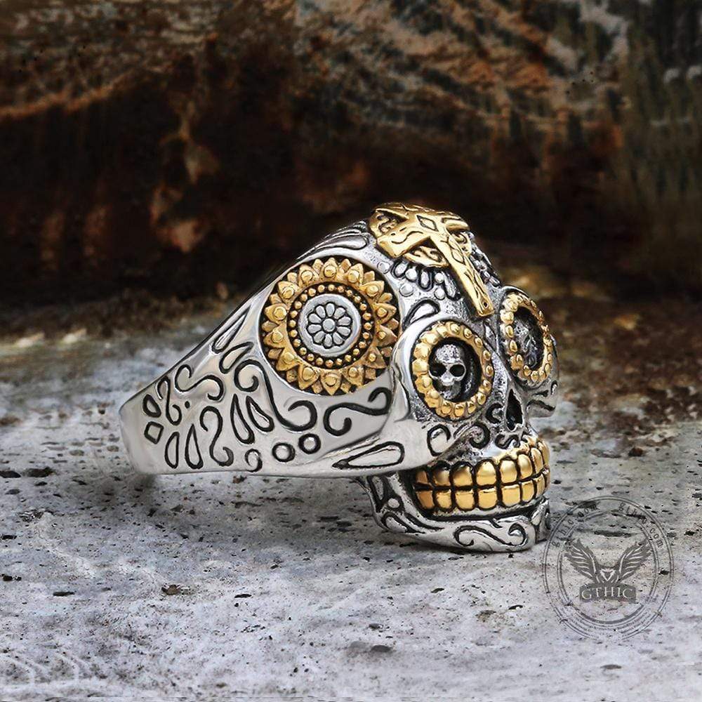 Cross Sugar Skull Ring