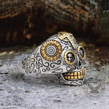 Cross Sugar Skull Ring