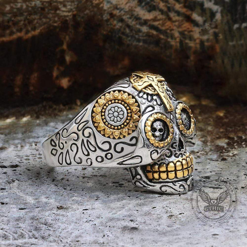 Cross Sugar Skull Ring