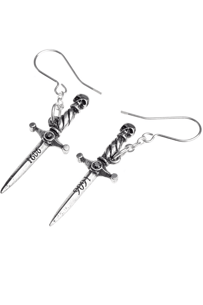 Hand of Macbeth Skull Dagger Earrings With Chain Link Design