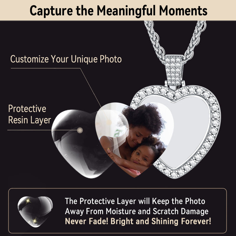 Sterling Silver Personalized Heart Picture Necklace Gift With Cubic Zirconia for
