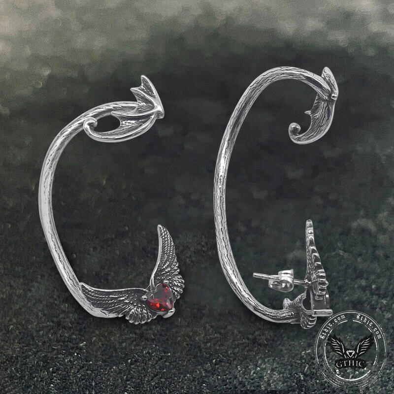 Heart Shape Zircon Devil Wings Stainless Steel Ear Cuff Earrings