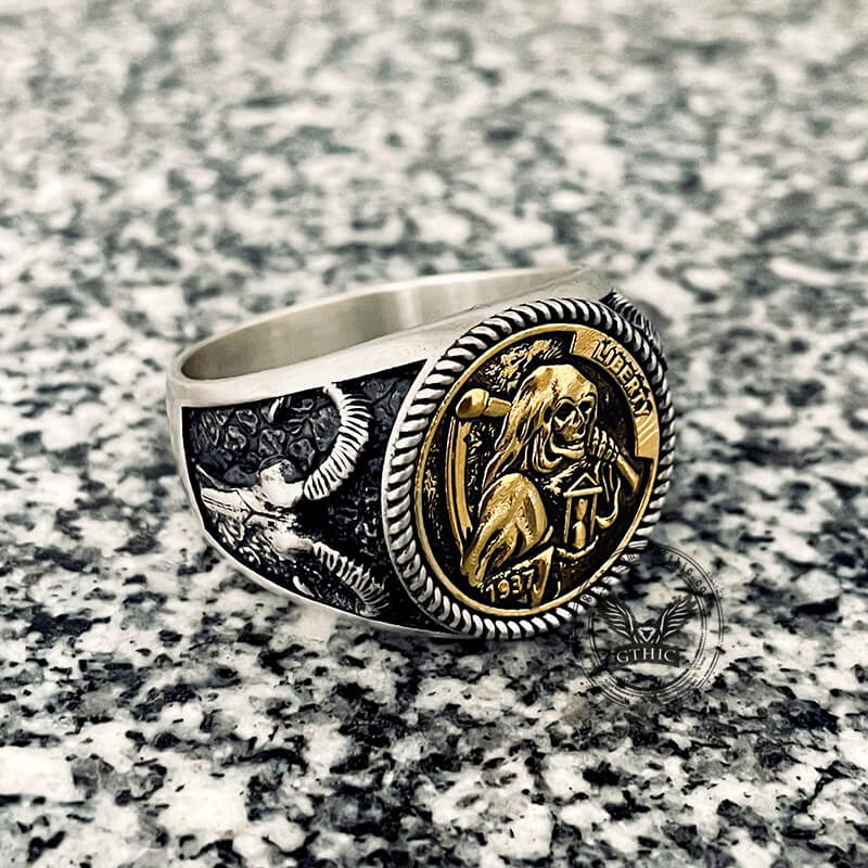 Hobo Nickel Grim Reaper Sterling Silver Skull Ring