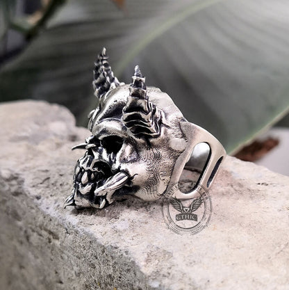 Horned Demon Skull Sterling Silver Ring