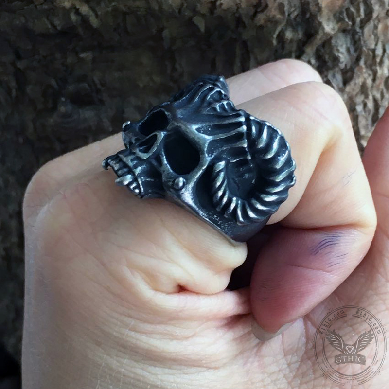 Horned Devil Stainless Steel Skull Ring