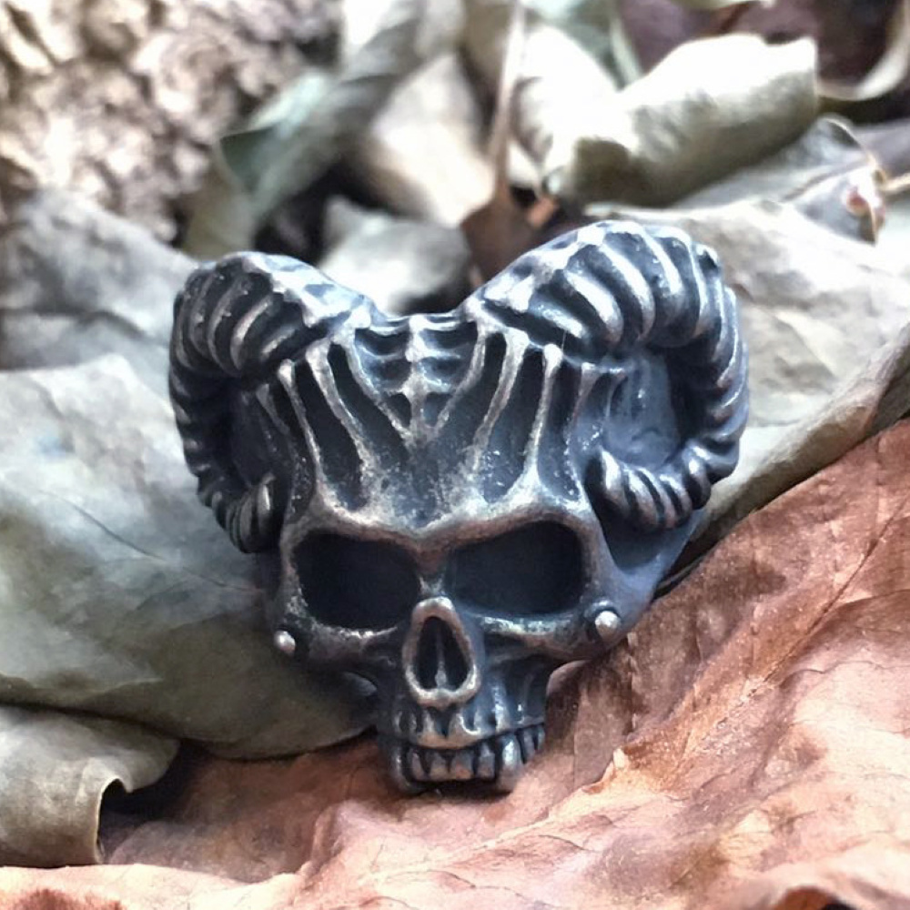 Horned Devil Stainless Steel Skull Ring