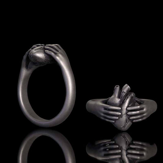Horror Hands Holding a Heart Sterling Silver Ring