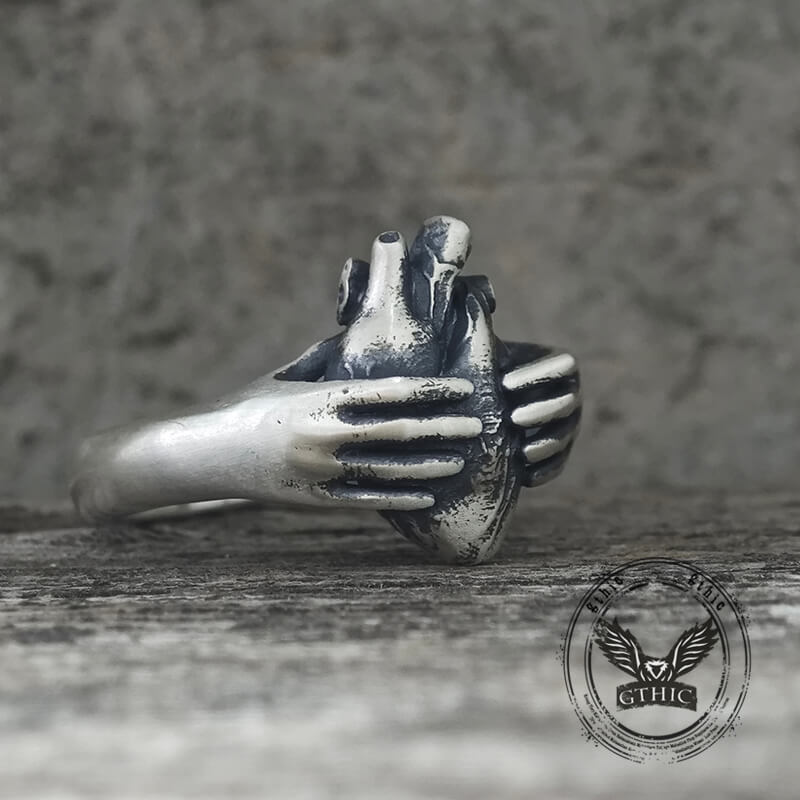 Horror Hands Holding a Heart Sterling Silver Ring