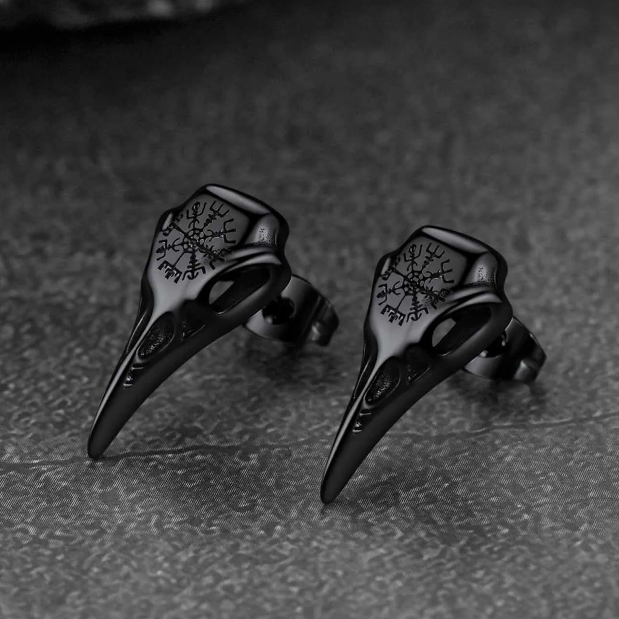 Viking Raven Skull Stud Earrings With Viking Vegvisir for