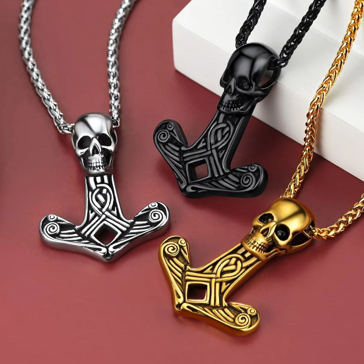 Flash Viking Skull Spear Pendant Necklace for