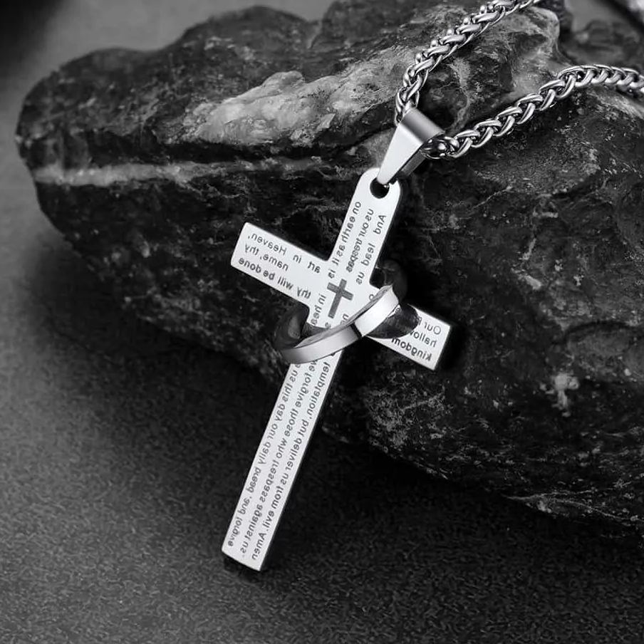 Lord's Prayer Cross Necklace With Halo Ring for