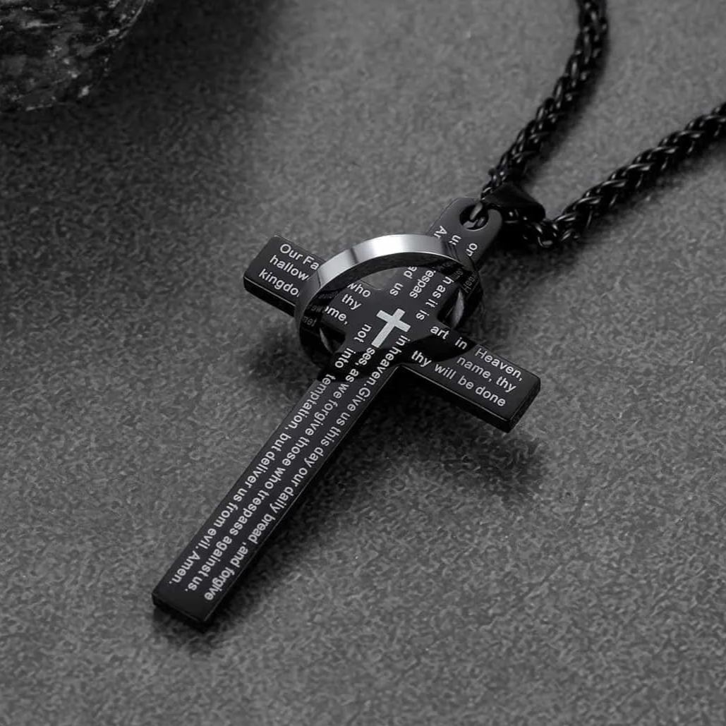 Lord's Prayer Cross Necklace With Halo Ring for