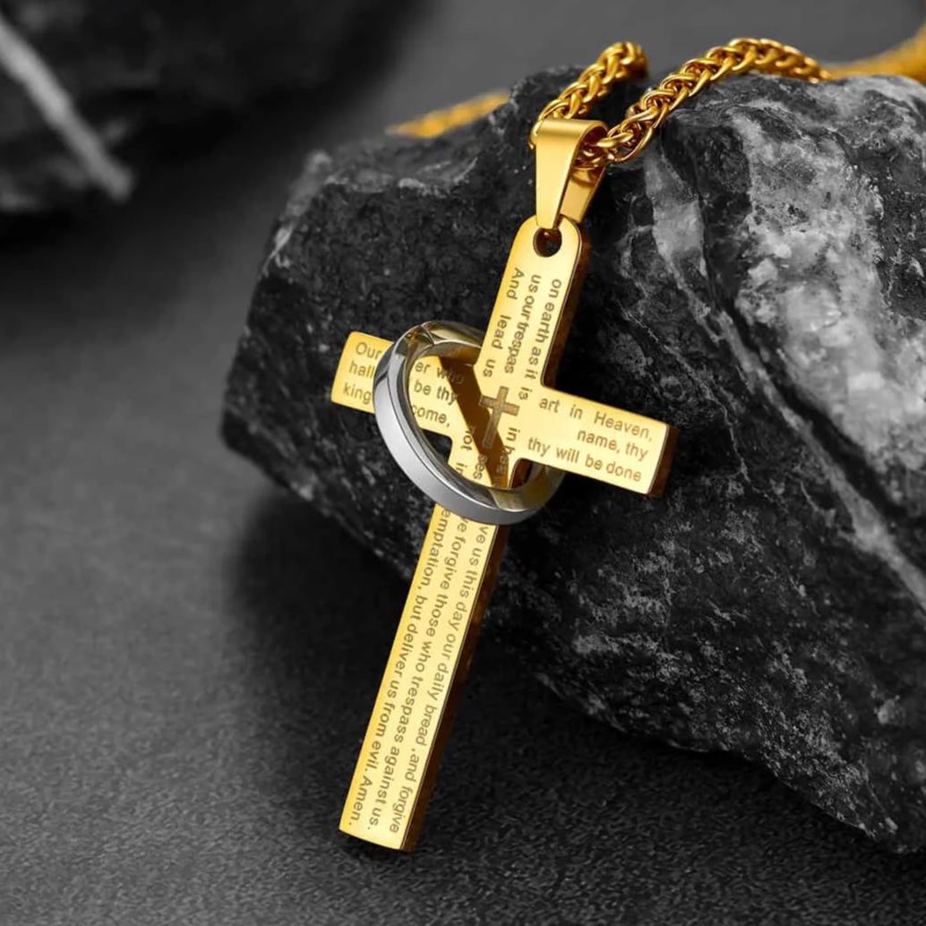 Lord's Prayer Cross Necklace With Halo Ring for