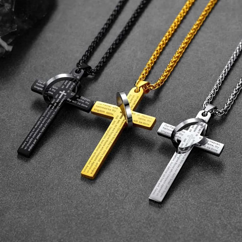 Lord's Prayer Cross Necklace With Halo Ring for