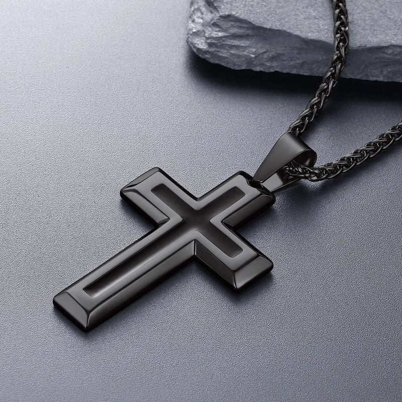 Christian Black Enamel Cross Pendant Necklace for