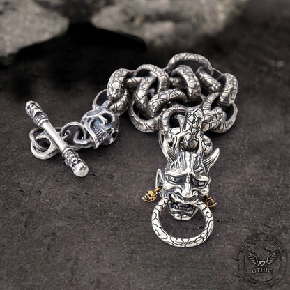Japanese Demon Oni Skull Sterling Silver Bracelet