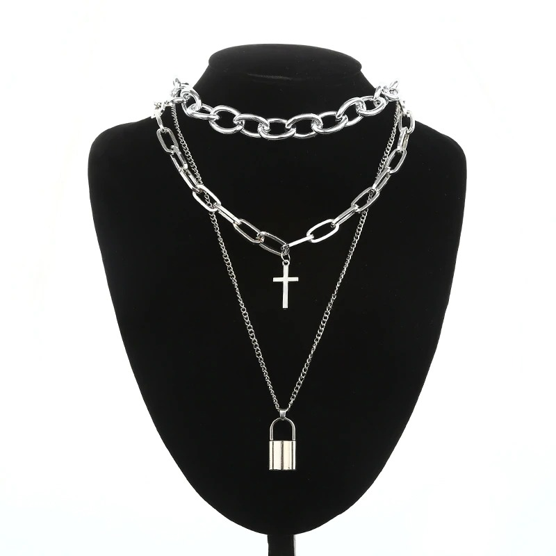 Layered Chain Necklace for in Punk Style / Cross Pendants / Aesthetic Jewelry
