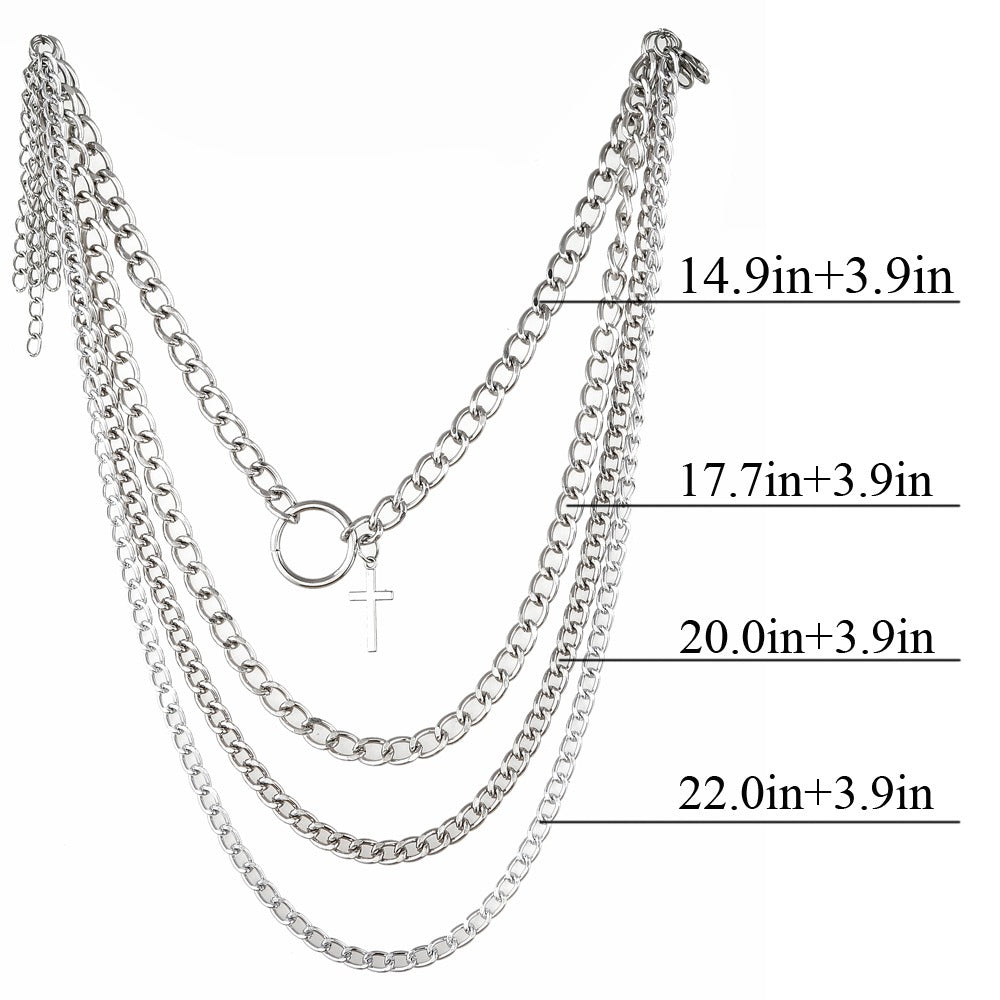 Layered Chain With Cross and Ring / 4pcs-set Aesthetic Choker / and Necklace