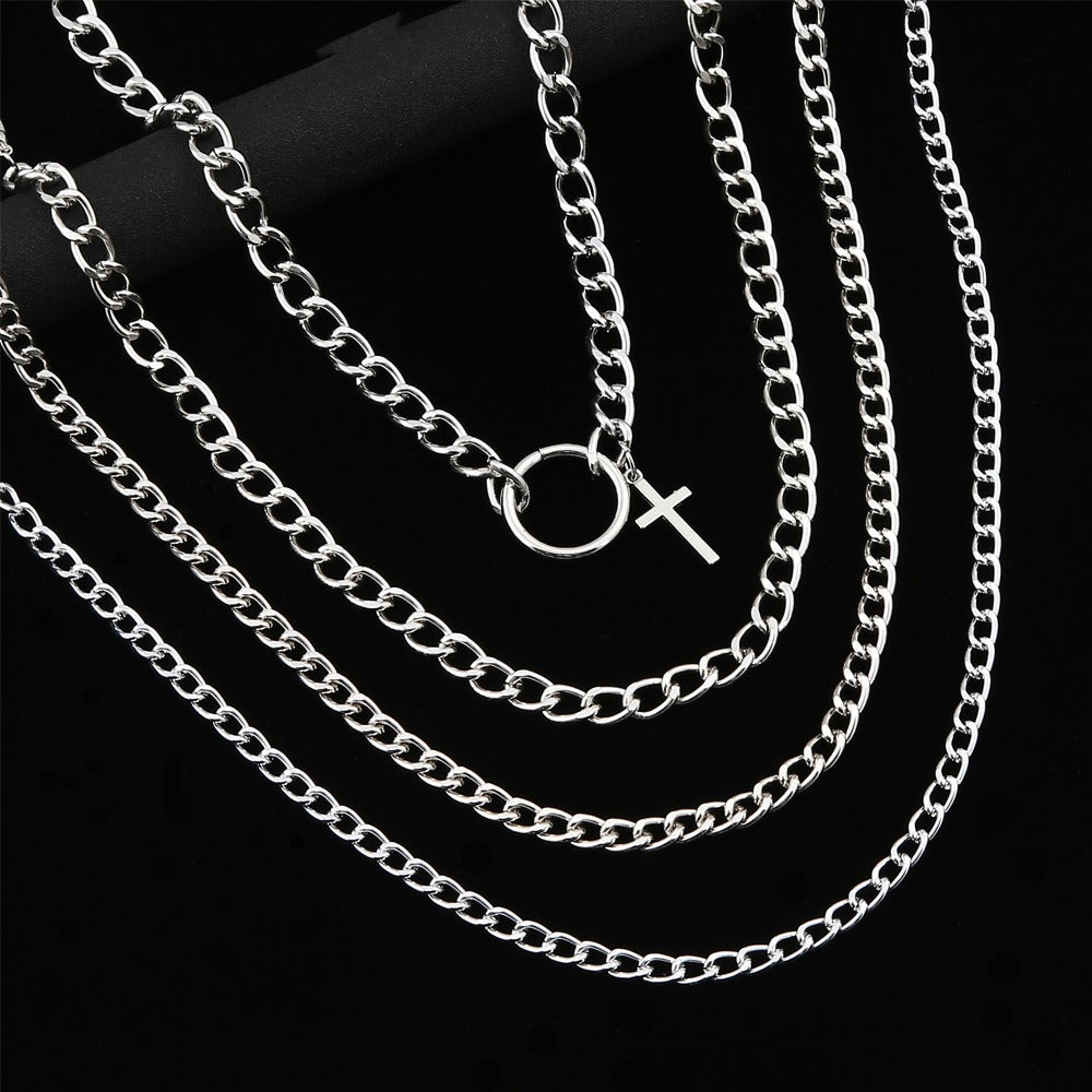 Layered Chain With Cross and Ring / 4pcs-set Aesthetic Choker / and Necklace
