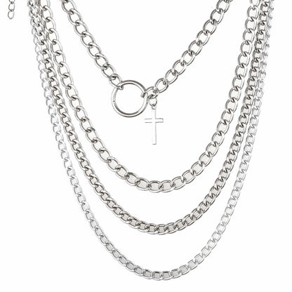 Layered Chain With Cross and Ring / 4pcs-set Aesthetic Choker / and Necklace