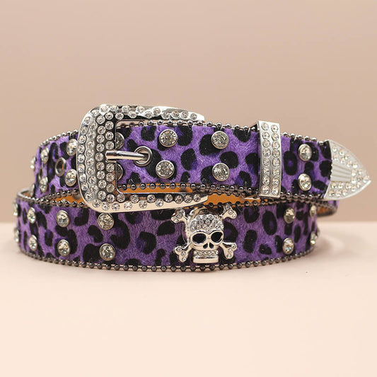 Leopard Print Rhinestone Skull Y2k Pu Leather Belt