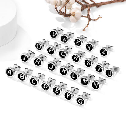Personalized Black Enamel Initial Letter Stud Earrings for