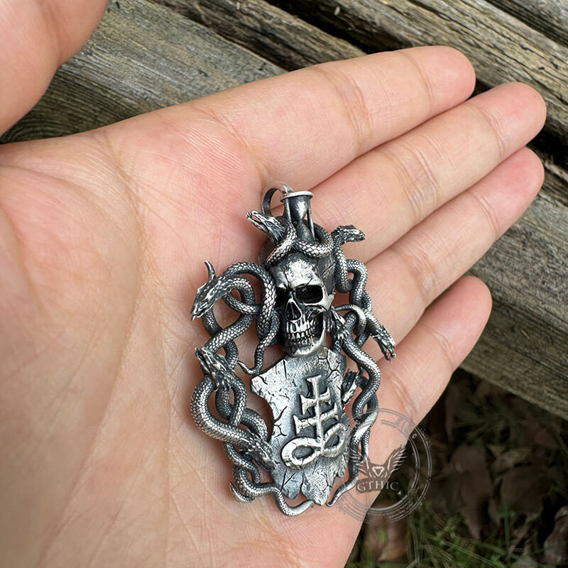 Leviathan Cross Snake Sterling Silver Skull Pendant